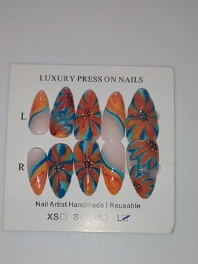 Handmade Luxury Press-On Nails - Orange & Blue Floral Design